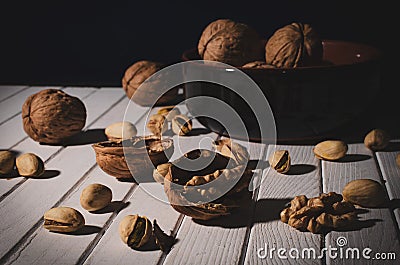 Wallnuts and pistachios Stock Photo