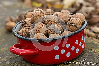 Wallnuts in a red metal bowl Stock Photo