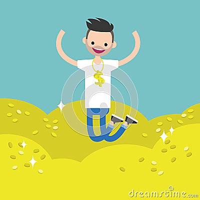 Wallow in money conceptual illustration: young lucky bearded man Vector Illustration