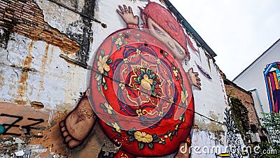 Wallpainting on an old house in Phuket Town Editorial Stock Photo