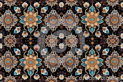 Wallpaper of background black with Medallions and rosettes golden tapestry pattern. Pattern mirrored repeat duplicates background Stock Photo
