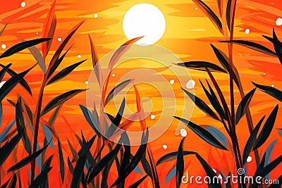 background picture, yellow dawn sun, bush thickets, generated by AI, generative assistant. Stock Photo