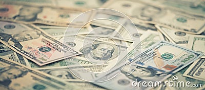 Wallpaper closeup series American money 5,10, 20, 50, new 100 dollar bill. Macro background pile US banknote Stock Photo