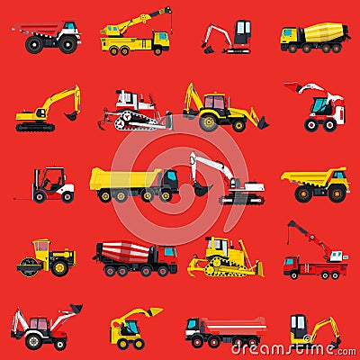 Wallpaper with construction machinery set on red. Ground works background. Vector Illustration