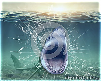 Wallpapers shark broke the aquarium and jumps out of it. 3D rendering. Stock Photo