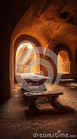 Heavy coffins lie on sand floor in an very small old dusty cemetery crypt in a cave Stock Photo