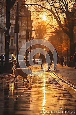 Dog walking in autumn city by Generative AI Stock Photo
