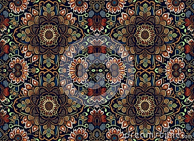 pattern of flowers mandalas and leaves on a black background for tapestries prints. Generative AI Stock Photo