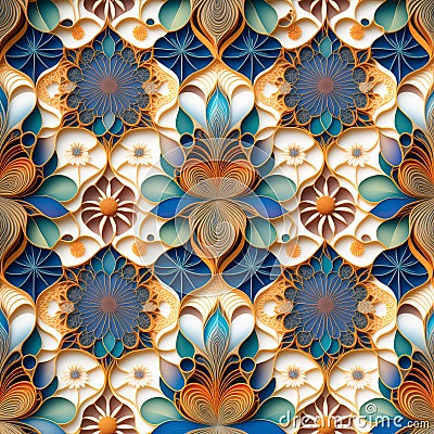 Pattern mirror of flowers and leaves abstract in colorful relief. Pattern mirrored repeat for background. Generative AI Stock Photo