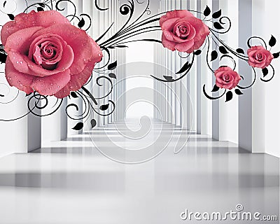 3d wallpaper red jewelry flowers with black branches on gray tunnel background Stock Photo