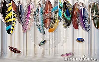 3d wallpaper bird feathers in many colors on water background Stock Photo