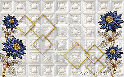 3d wallpaper blue diamond flowers with golden branches leather background Stock Photo