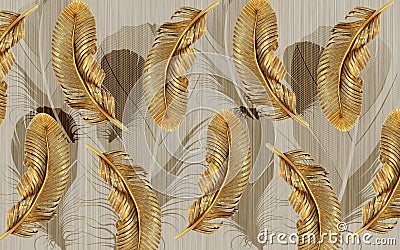 3d wallpaper golden and brown bird feathers background Stock Photo