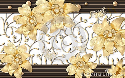 3d wallpaper golden diamond flowers on brown frame and golden branches background Stock Photo