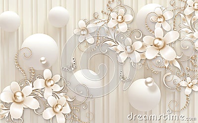 3d wallpaper golden jewelry flowers on big balls background Stock Photo