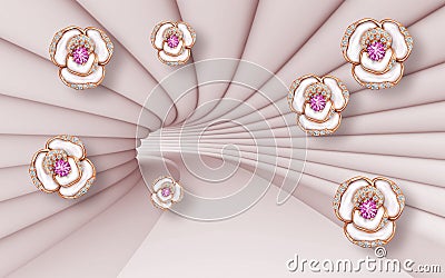 3d wallpaper pink jewelry flowers on pink tunnel background Stock Photo