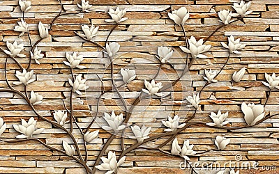 3d wallpaper small flowers with brown branches on stone background Stock Photo