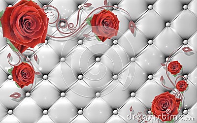 3d wallpaper red flowers with red branches on gray leather background Stock Photo