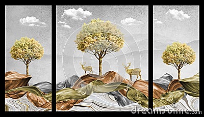 Wallpaper landscape with trees . golden deer, Christmas trees, mountains, clouds, golden and gray waves. 3d modern canvas art mura Stock Photo