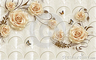 3d wallpaper golden flowers with brown branches wit butterflies on background Stock Photo