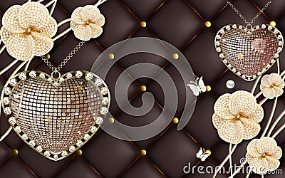 3d wallpaper golden jewelry flowers and harts on brown background Stock Photo