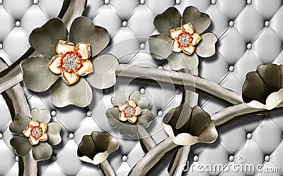 3d wallpaper jewelry flowers on gray leather background Stock Photo