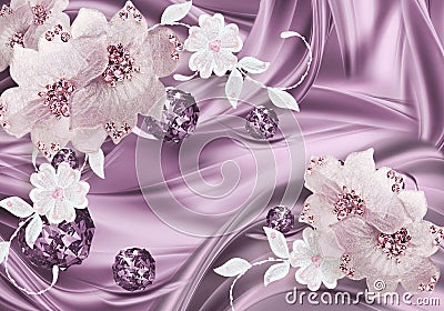 3d wallpaper pink diamond flowers on move silk background Stock Photo