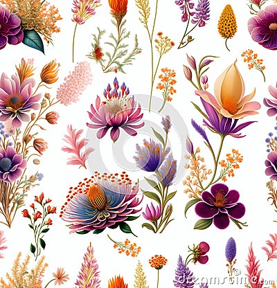 Pattern rapport seamless of beautiful Watercolor garden flowers in White background. Pattern mirrored for repeat background. Stock Photo