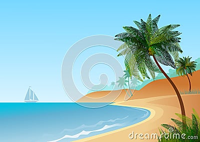 Wallpaper with maritime landscape, with beach and palm trees. Vector Illustration