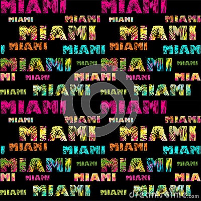 Wallpaper with Miami lettering floral print with colorful coconut palm leaves on dark background Vector Illustration