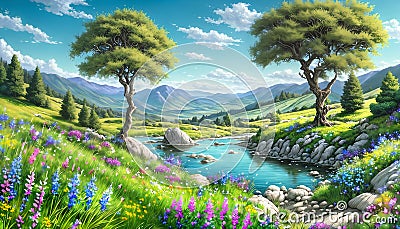 Wallpaper mural scene trees pond wildflower flower rocky hillside Stock Photo