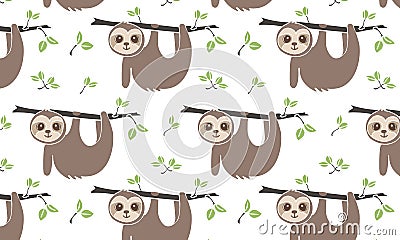 A simple seamless pattern on a transparent background with the image of a cute sloth on a branch Vector Illustration