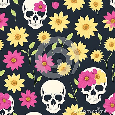 Wallpaper pattern Vintage Skull floral seamless pattern flowers trendy funky Generative AI Stock Photo