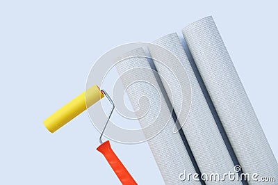 Wallpaper roll and three rolls paper textured wallpaper. Gray background Stock Photo