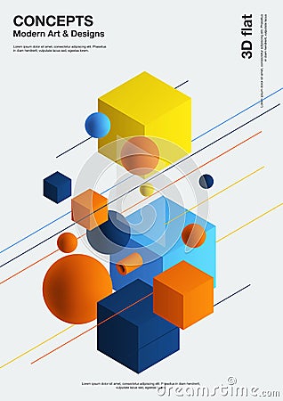 Abstract background, modern composition of geometric shapes. Cube, sphere, cylinder, line. 3d illustration. Vector Illustration