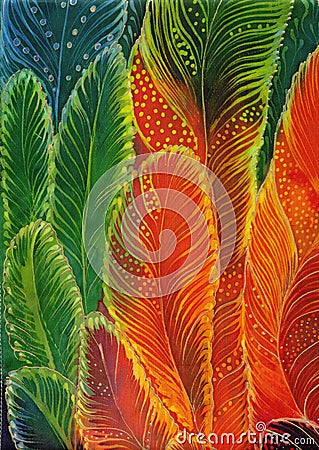 Feathers - decorative composition. Multicolored feathers - batik. Wallpaper. Use printed materials, signs, post Stock Photo
