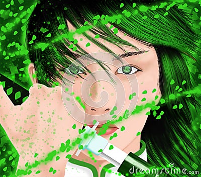wallpaper woman samurai green Stock Photo