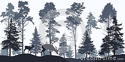 Wallpaper woodland, silhouette of coniferous forest and animals. Beautiful fir trees and pines. Vector illustration Vector Illustration