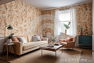 wallpapered room with floral prints, complimented by simple furnishings Stock Photo