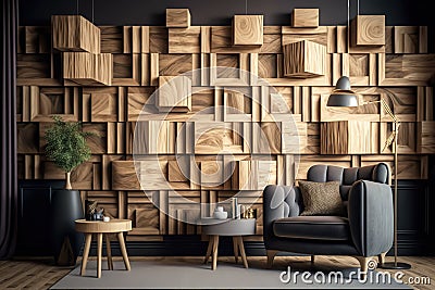 Wallpapered, wood-paneled walls with a natural wood finish. Wallcovering of wooden, tiled, and square blocks. Generative Ai Stock Photo