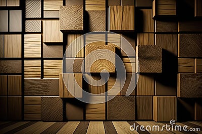 Wallpapered, wood-paneled walls with a natural wood finish. Wallcovering of wooden, tiled, and square blocks. Generative Ai Stock Photo