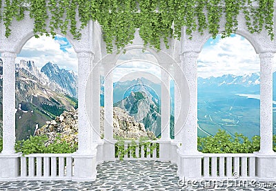 Wallpapers Arched colonnade with a balustrade entwined with ivy overlooking the mountains Stock Photo