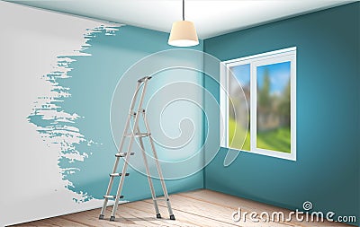 Walls of blue color wooden floor. Metal stepladder. Cartoon Illustration