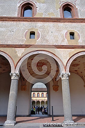 Walls, columns and arcades of the ancient medieval fortress Rocchetta inside the Sforza castle in Milan. Editorial Stock Photo