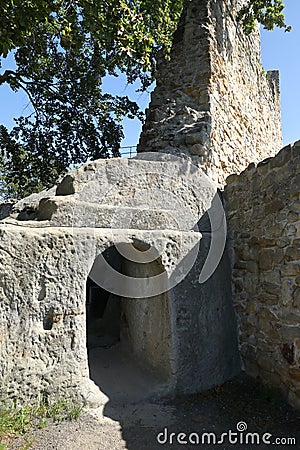 Walls and entrance to dungeon of ruins of castle Frydstejn Stock Photo