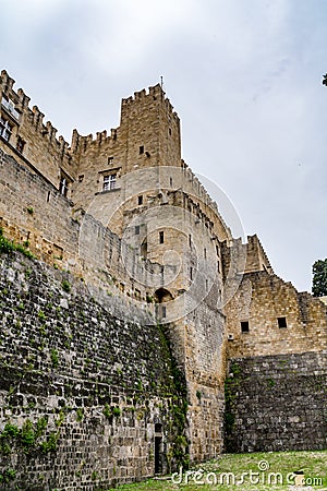 Walls of Rhodes old town and moat near the Palace of the Grand Master, Greece Stock Photo