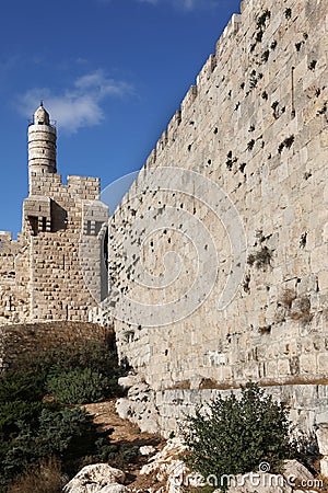 The walls of thel Jerusalem and Tower of David Stock Photo