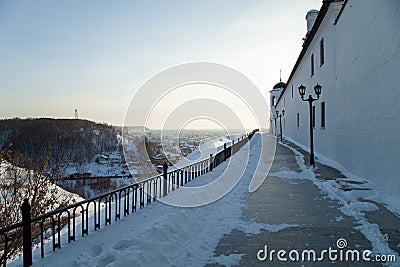 The walls of the Tobolsk Kremlin and a view of the lower part of the city of Tobolsk. Editorial Stock Photo