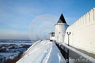 The walls of the Tobolsk Kremlin and a view of the lower part of the city of Tobolsk. Editorial Stock Photo