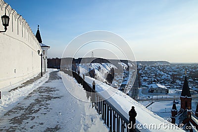 The walls of the Tobolsk Kremlin and a view of the lower part of the city of Tobolsk. Editorial Stock Photo